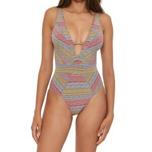 BECCA Freespirit Plunge One-Piece Swimsuit Multi Color Stripe Size L NWT Beach